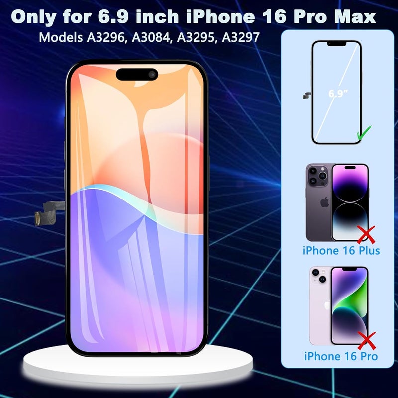 Diykitpl for iPhone 16 Pro Max Screen Replacement, 6.9 inch LCD Display 3D Touch Full HD Digitizer Frame Assembly, Compatible with A3296,A3084,A3295,A3297 Models, Repair Kit + Screen Tempered Protector - Image 2