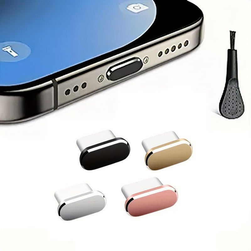 أربع سدادات غبار USB-C سوداء مع فرشاة تنظيف، غطاء معدني لمنفذ الشحن مقاوم للغبار، لجميع أجهزة USB-C. - Image 1