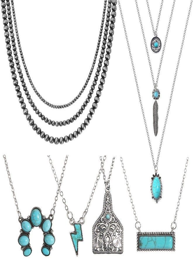 WAINIS 6PCS Western Necklaces for Women Layered Navajo Pearl Necklace Turquoise Cow Lightning Horseshoe Pendant Necklace Cowgirl Boho Set - Image 1
