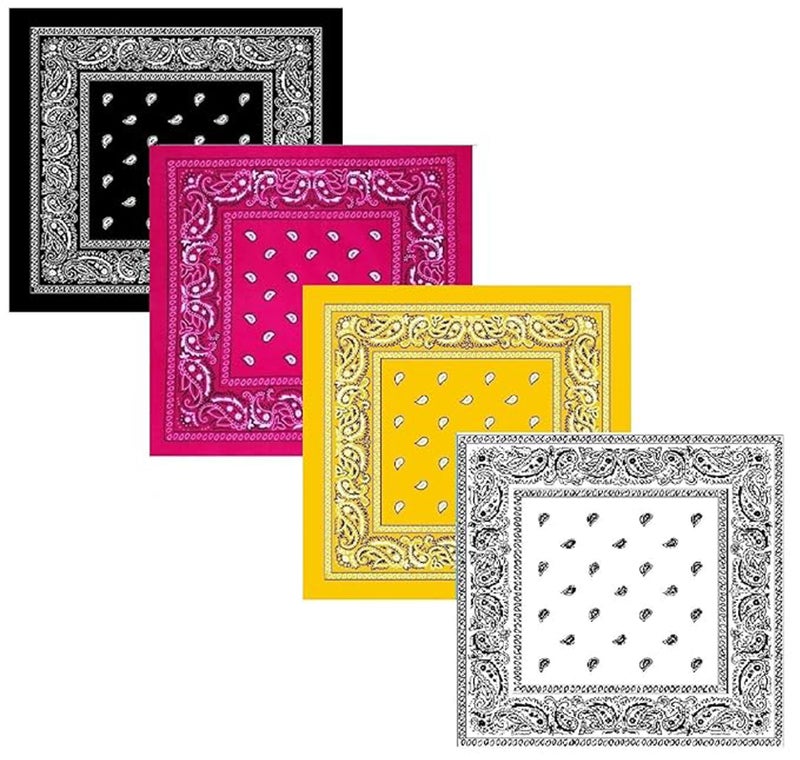 Aadikart 100% Cotton Paisley Printed Novelty Cowboy Bandana Handkerchiefs Multi-purpose For Men and Women Pack of 4 (Black Pink Yellow White) - Image 1