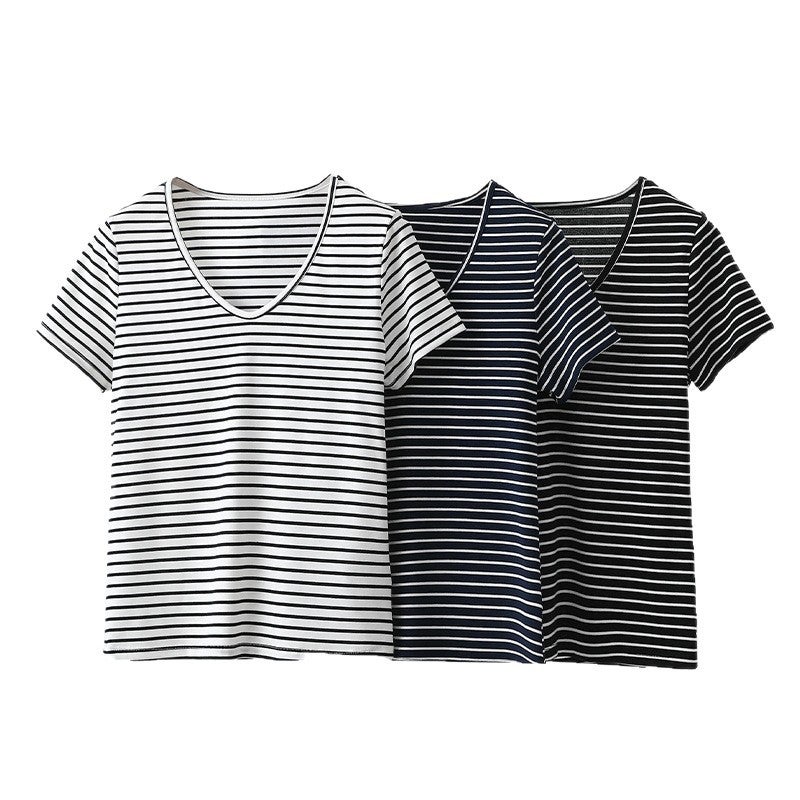 Women's Striped V-Neck Short Sleeve T-Shirt in Tencel Lyocell - Image 5