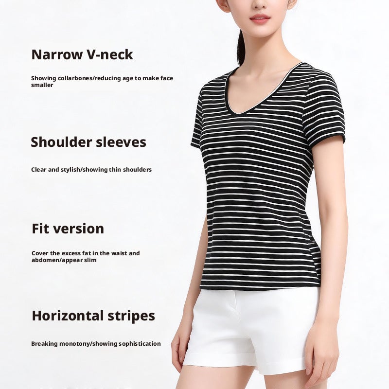 Women's Striped V-Neck Short Sleeve T-Shirt in Tencel Lyocell - Image 2