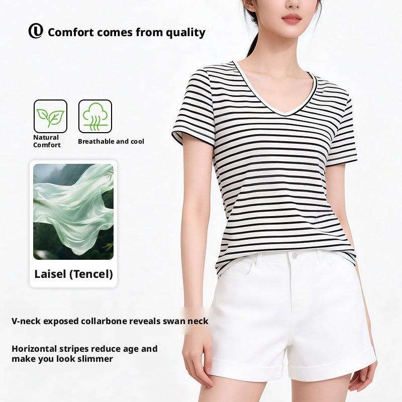 Women's Striped V-Neck Short Sleeve T-Shirt in Tencel Lyocell - Image 1