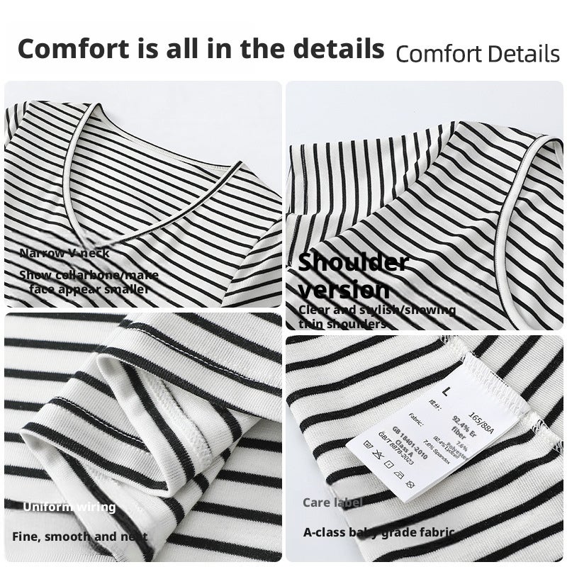 Women's Striped V-Neck Short Sleeve T-Shirt in Tencel Lyocell - Image 4