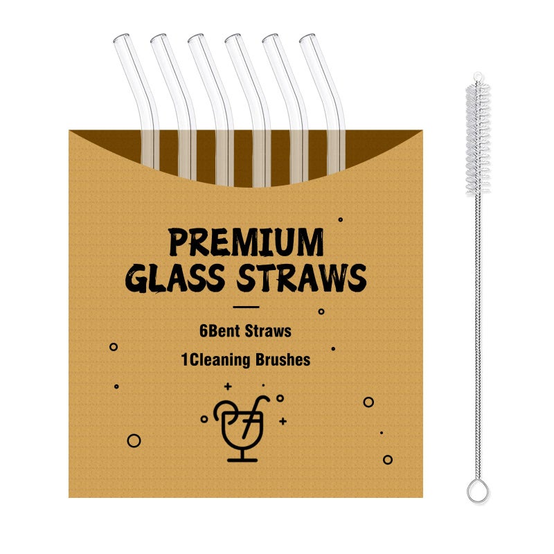DAMCONME Glass Straws 6 Pack, Reusable Clear Drinking Straws-6 Bent Straws with 1 Clean Brush-Plastic-Free Cleaning Brush - Dishwasher Safe -Suit 16 Oz Glass Cup for Smoothies Cocktails Mojito Ect - Image 1