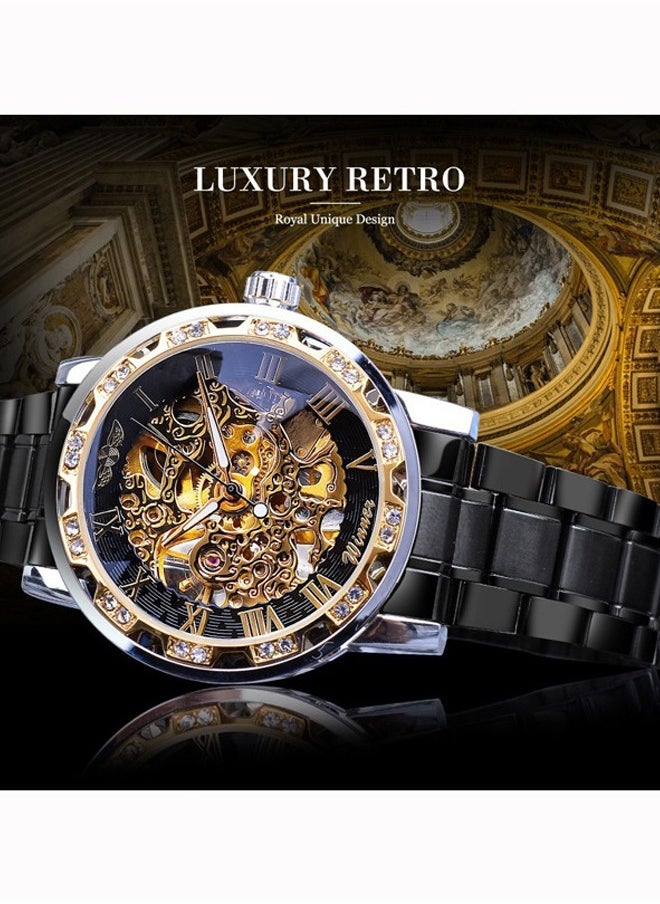 Hihonor Retro Manual Mechanical Skeleton Watch with Diamond and Carving Flower Craft, Men's Mechanical Wristwatch,Men Skeleton Wrist Watch Mechanical Classic Roman Number(Black)  - Image 2