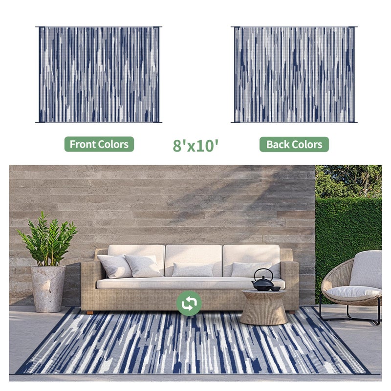 GENIMO Outdoor Rug for Patio Clearance, 8'x10' Waterproof Camping Mat, Reversible Plastic Straw Rugs for RV, Camper, Balcony, Backyard, Picnic, Deck (Blue White) - Image 2