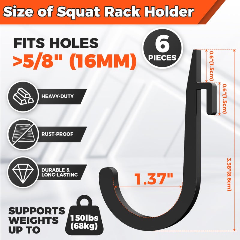 ViewKurM 6 PCS J Hooks for Squat Rack,Squat Racks Attachments for Home Gym Storage,Portale Power Rack Accessories, J-Hook Storage Rack Holder for Resistance Bands, Barbell Collars and Gym Accessories - Image 2