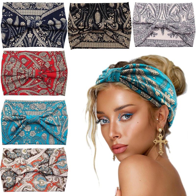 Yeshan Yeshan Wide Headbands for Women Boho Knotted Head Wraps Turbans Non Slip Bandana Headbands Sport Yoga Workout Stretchy Hair bands,Pack of 6