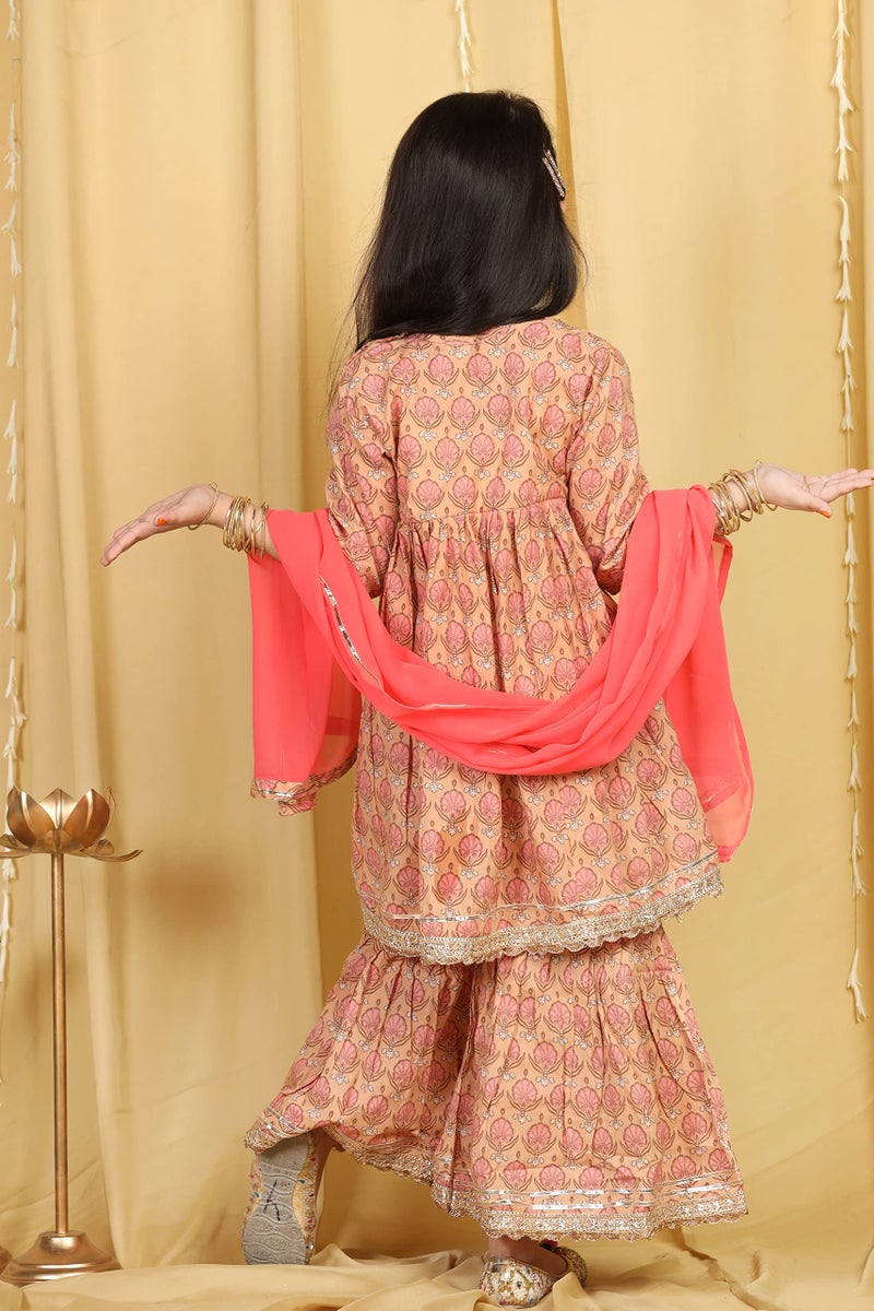 AJ DEZINES Kids Cotton Floral Kurta Sharara Set For Girls (G-1083-PEACH-16) - Image 3
