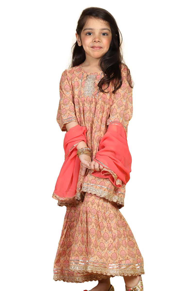 AJ DEZINES Kids Cotton Floral Kurta Sharara Set For Girls (G-1083-PEACH-16) - Image 1
