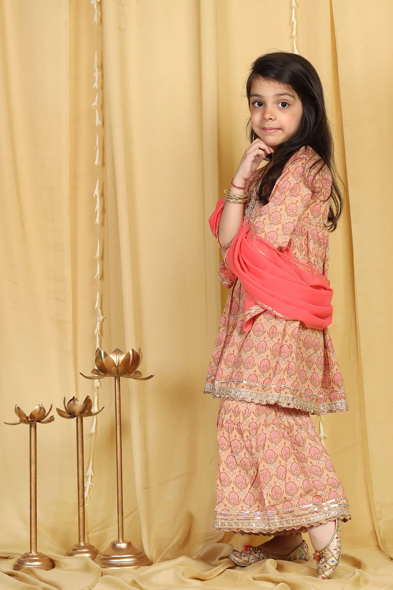 AJ DEZINES Kids Cotton Floral Kurta Sharara Set For Girls (G-1083-PEACH-16) - Image 2