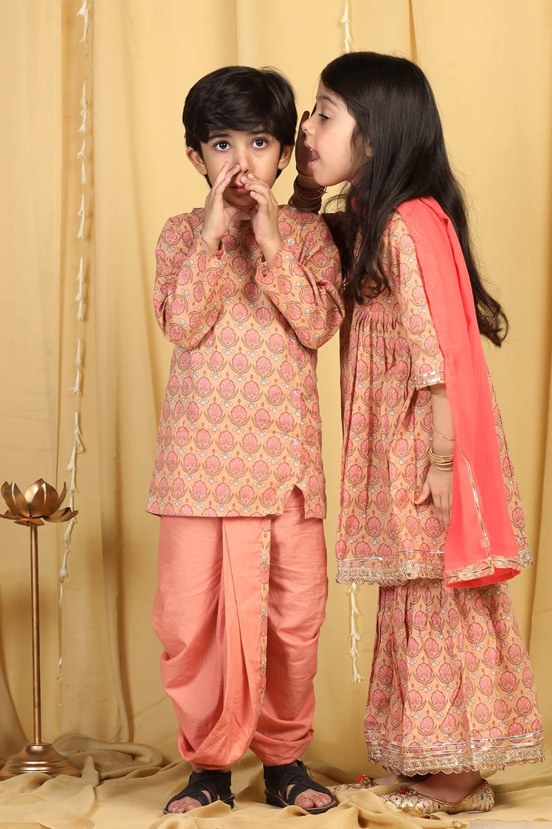 AJ DEZINES Kids Cotton Floral Kurta Sharara Set For Girls (G-1083-PEACH-16) - Image 5