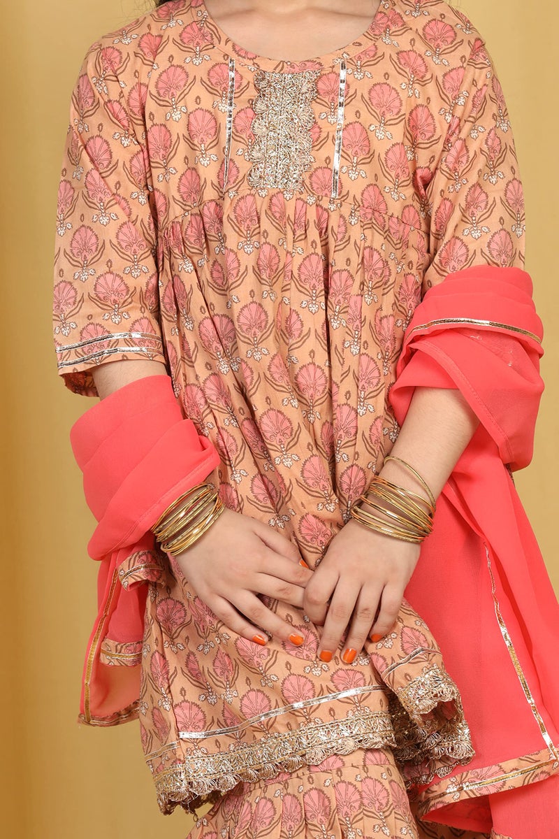 AJ DEZINES Kids Cotton Floral Kurta Sharara Set For Girls (G-1083-PEACH-16) - Image 4