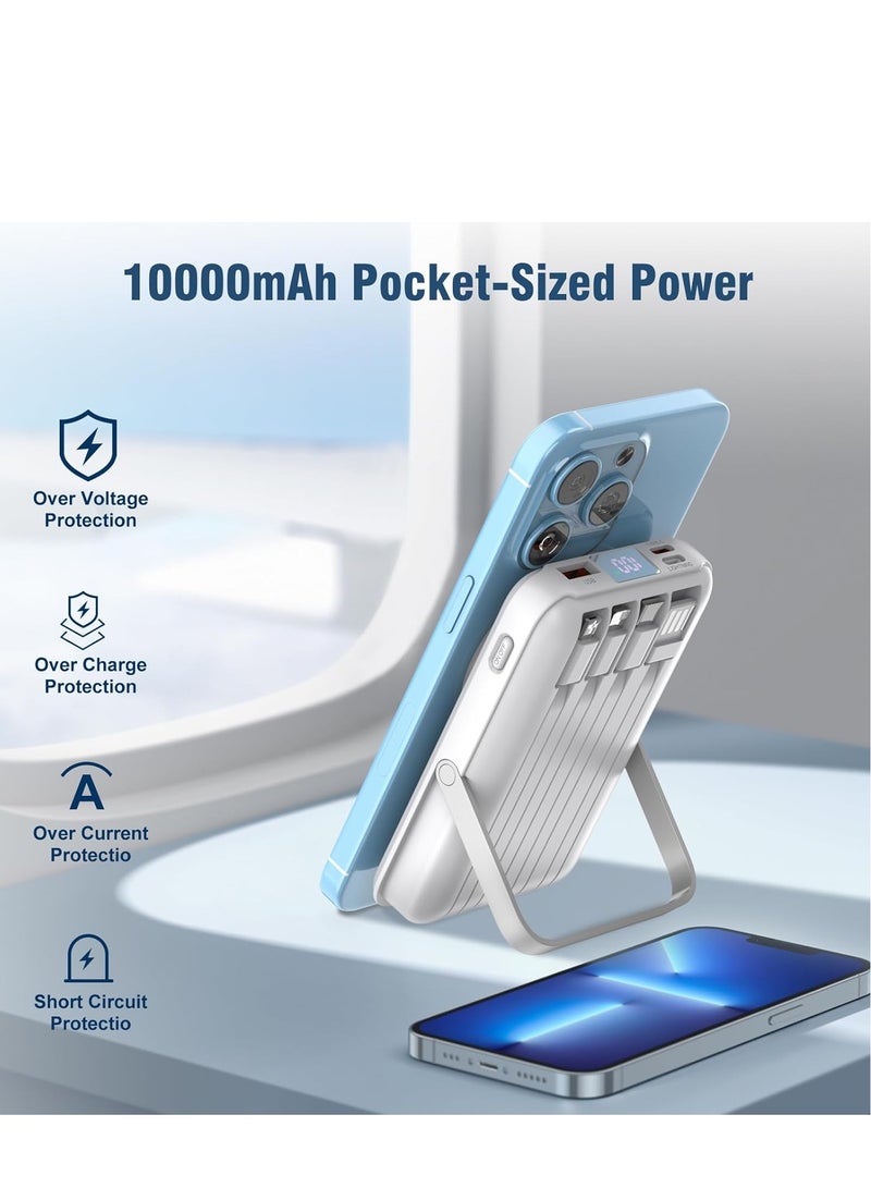 Lommyka Wireless Portable 3-in-1 Charger 10000mAh, Magnetic Power Bank, Built-in Cable LED Display with Stand 22.5W PD Fast Charging for iPhone 16/15/14/13/12/Pro/Mini/Pro Max (White)  - Image 3