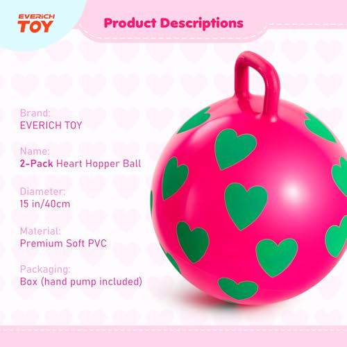 EVERICH TOY 2Pack Hopper Ball for Kids 15In Bouncy Ball with Handle Full Heart Girls Toys for Indoor Outdoor Active Play Great Balance Hopping Toys Gifts for 3 4 5 6 Yr Old Girls Boys - Image 5