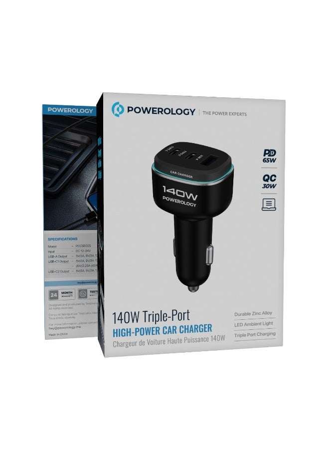 باورولوجي شاحن سيارة ثلاثي المنافذ بقوة 140 وات / شحن سريع PD 65 وات + QC 30 وات / منافذ USB-C1 + USB-C2 + USB-A / هيكل من سبائك الزنك مع إضاءة LED / متوافق مع iPhone / Samsung / iPad / MacBook - أسود/رمادي - Image 3
