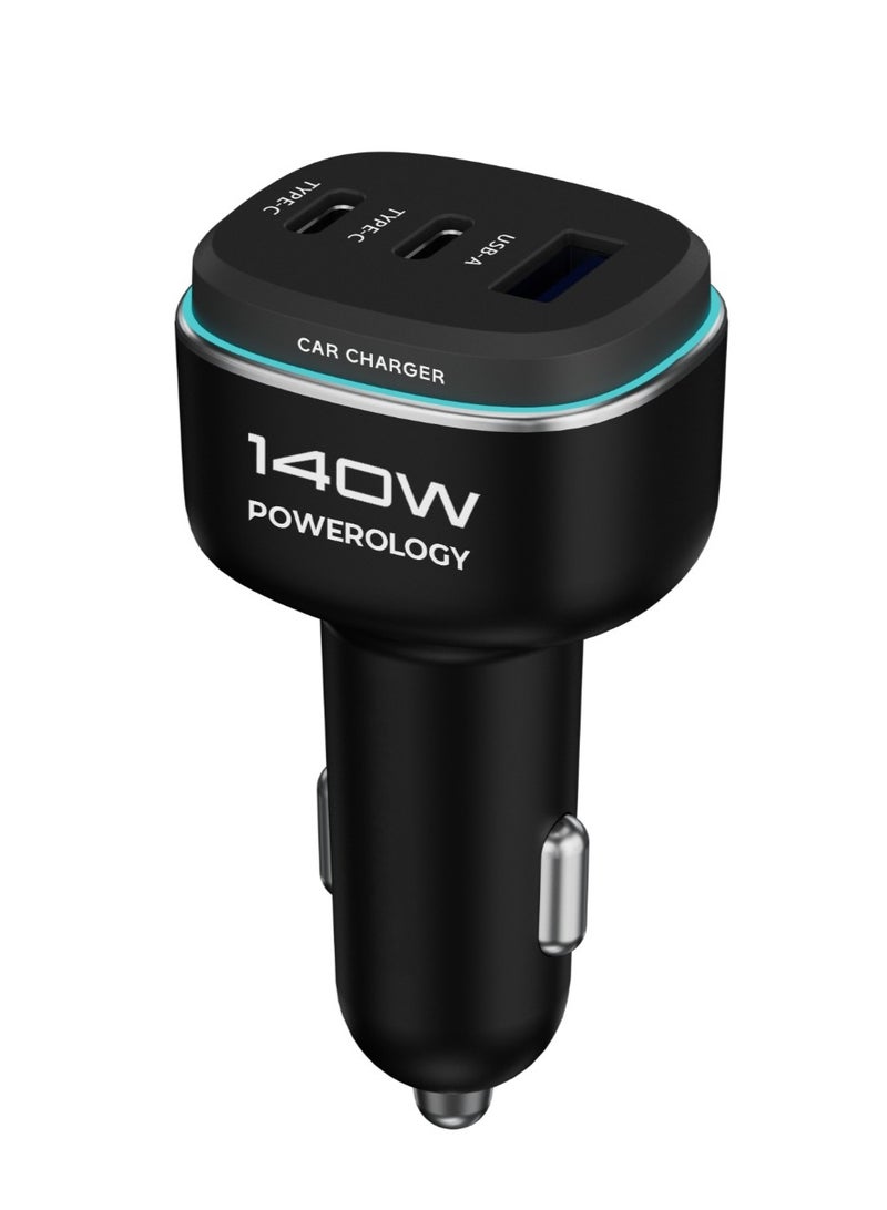 باورولوجي شاحن سيارة ثلاثي المنافذ بقوة 140 وات / شحن سريع PD 65 وات + QC 30 وات / منافذ USB-C1 + USB-C2 + USB-A / هيكل من سبائك الزنك مع إضاءة LED / متوافق مع iPhone / Samsung / iPad / MacBook - أسود/رمادي - Image 1