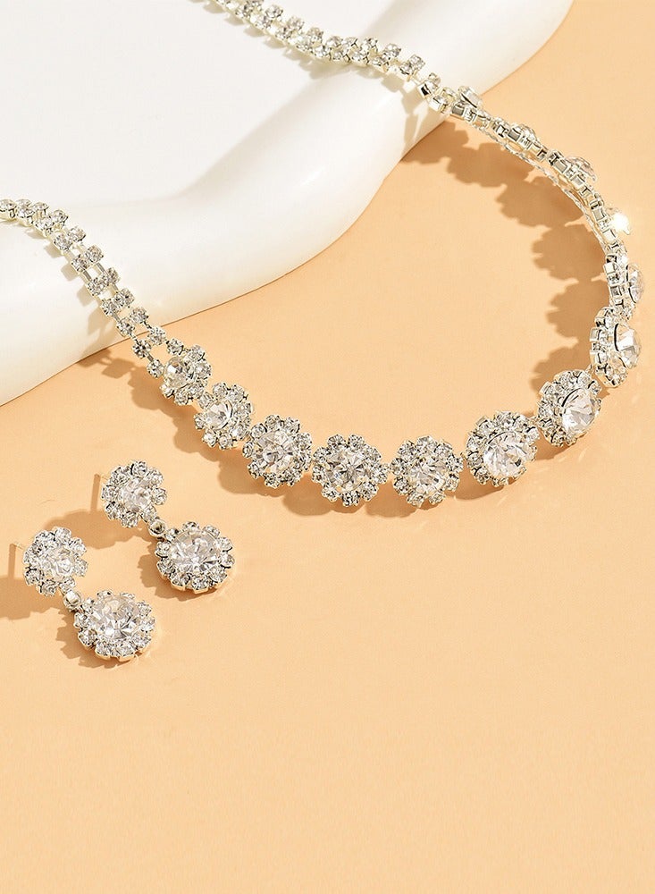 DINGKA 2 Pcs Necklace Earrings Set Flowers Charm Layered Chain Ear Dangle Bridal Evening Dress Accessories for Women Silver/Clear - Image 1