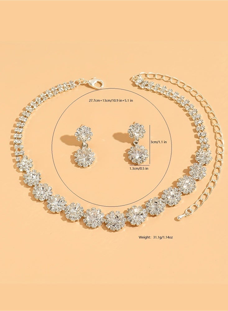 DINGKA 2 Pcs Necklace Earrings Set Flowers Charm Layered Chain Ear Dangle Bridal Evening Dress Accessories for Women Silver/Clear - Image 3