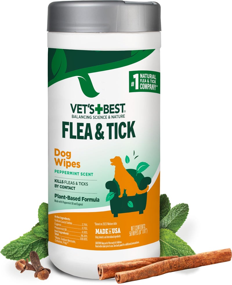Vet's Best Natural Flea and Tick Wipes for Dogs â€“ Natural Plant-Based Wipes for Flea and Tick Prevention â€“ Certified Essential Oils â€“ Pest Control for Kennels and Home Use â€“ Made in USA â€“ 50 Count - Image 1