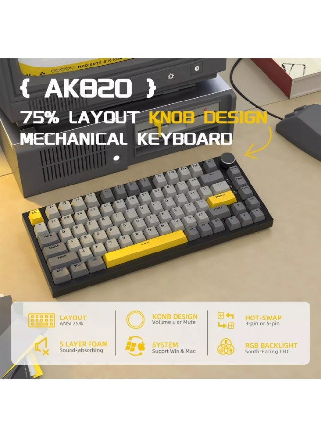 إيه جاز لوحة مفاتيح الألعاب الميكانيكية السلكية AK820 75% مع مقبض قابل للتبديل السريع مع حشية مخصصة ولوحة مفاتيح RGB ومفتاح القمر الخطي NKRO - Image 3