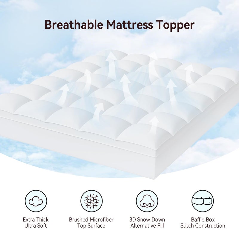 ABENE King Size Mattress Topper for Back Pain Relief, Extra Thick Mattress Pad Pillowtop, Soft Plush Mattress Cover Bed Topper with Deep Pocket, Overfilled Down Alternative Filling, White - Image 2