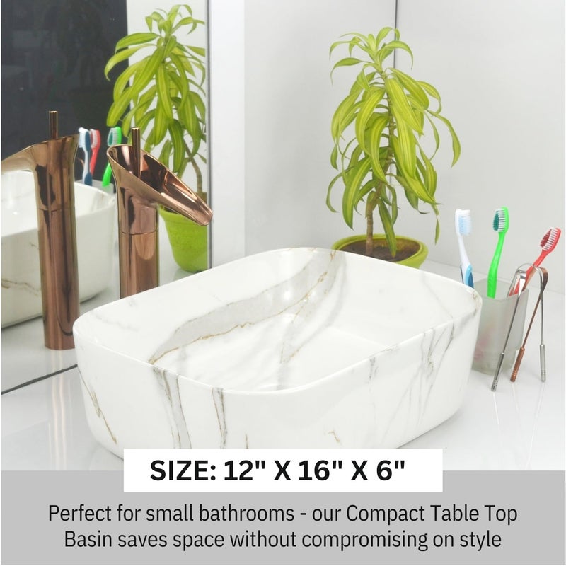 Reyal Premium Marble Table Top Wash basin Size 12 x 16 x 65 Countertop Vessel Sink Bathroom Wash Basin over counter White with Grey Golden Strap - Image 3
