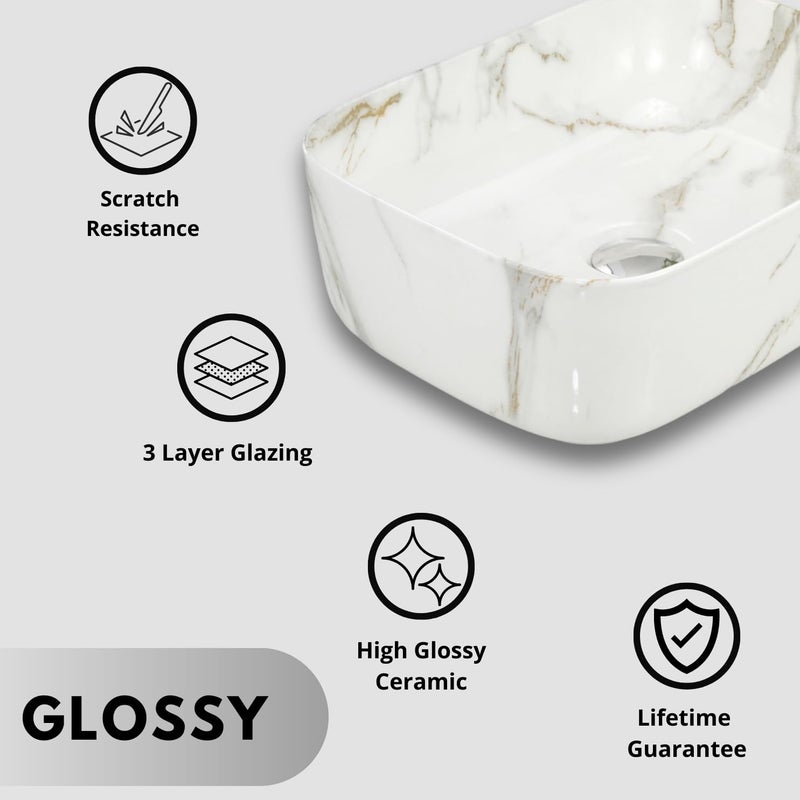 Reyal Premium Marble Table Top Wash basin Size 12 x 16 x 65 Countertop Vessel Sink Bathroom Wash Basin over counter White with Grey Golden Strap - Image 5