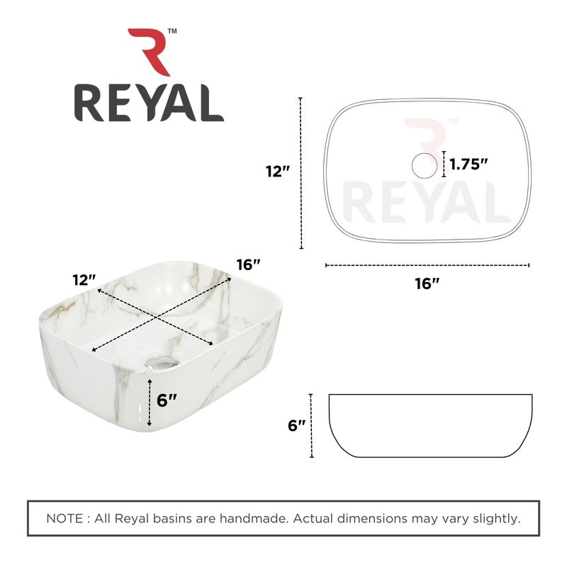 Reyal Premium Marble Table Top Wash basin Size 12 x 16 x 65 Countertop Vessel Sink Bathroom Wash Basin over counter White with Grey Golden Strap - Image 4