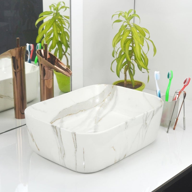 Reyal Premium Marble Table Top Wash basin Size 12 x 16 x 65 Countertop Vessel Sink Bathroom Wash Basin over counter White with Grey Golden Strap - Image 1