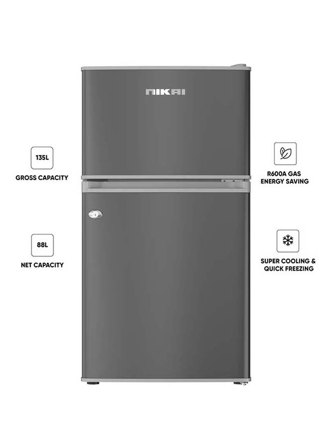 NIKAI 135L Gross / 88L Net, Small Double Door Mini Refrigerator With Vegetable Crisper And Adjustable Glass Shelves, Convenient Defrosting, Mini Fridge Ideal For Home, Kitchen, Bedroom, Office And Hotels 135 L 274 kW NRF135DDS Grey/Dark Silver - Image 1