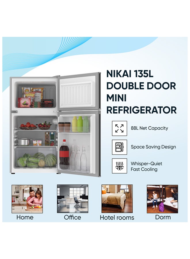 NIKAI 135L Gross / 88L Net, Small Double Door Mini Refrigerator With Vegetable Crisper And Adjustable Glass Shelves, Convenient Defrosting, Mini Fridge Ideal For Home, Kitchen, Bedroom, Office And Hotels 135 L 274 kW NRF135DDS Grey/Dark Silver - Image 2