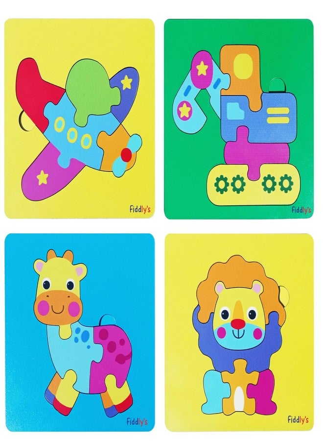 Fiddlys 3D Cute Cartoon Wooden Jigsaw Puzzles for Kids & Children Double Layered Wooden Puzzles with Bright Front & Back Print (Pack of 4 Baby Transport + Animal) - Image 1