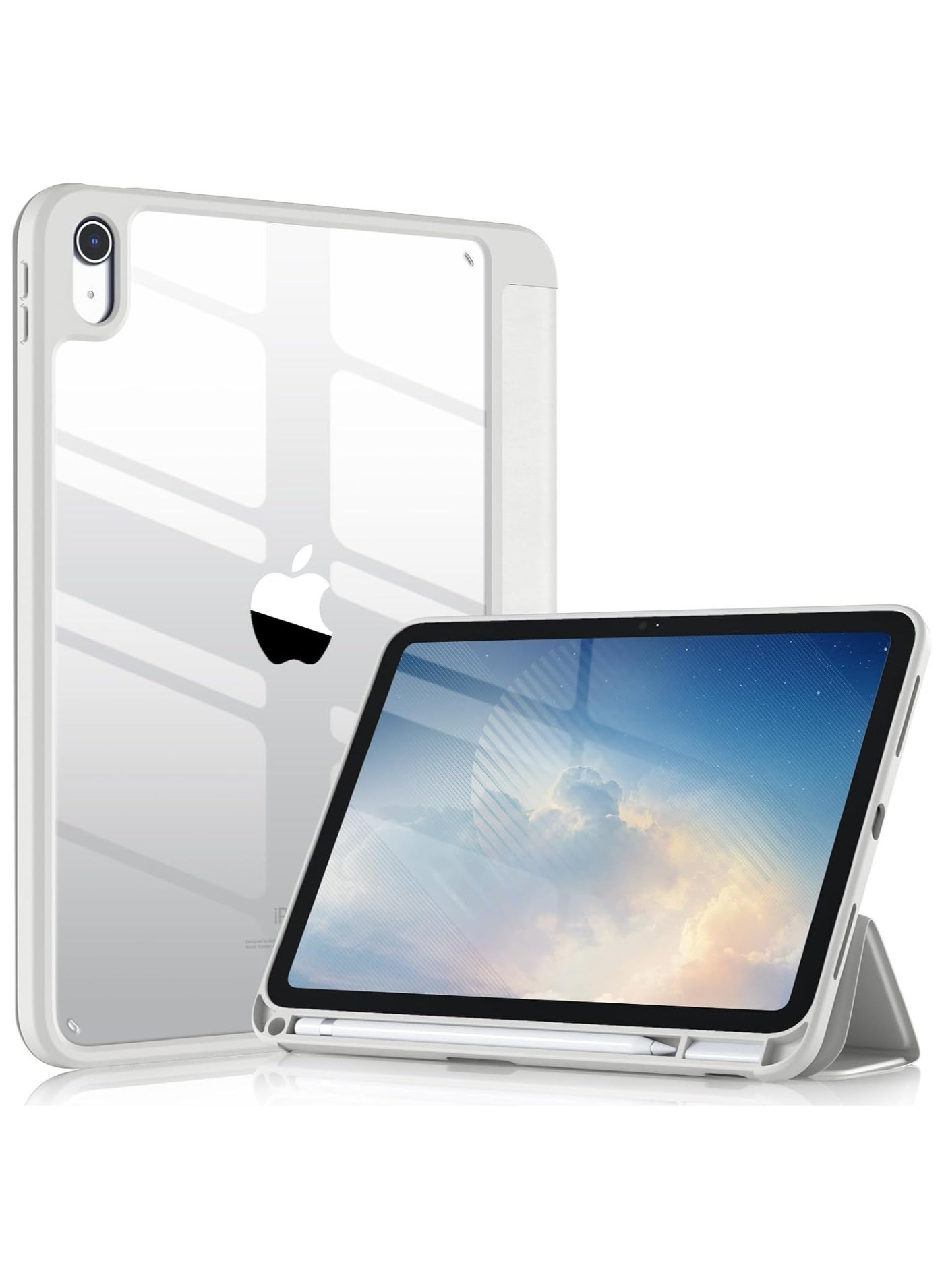 ProCase for iPad 10th Gen Case with Pencil Holder 2022 iPad 10.9 Inch Case,iPad (A16) 11inch 11th 2025 Gen, Clear Transparent Back Shell Trifold Protective Cases Shockproof Cover for 2022 iPad 10th Gen A2696 A2757 A2777 -Grey