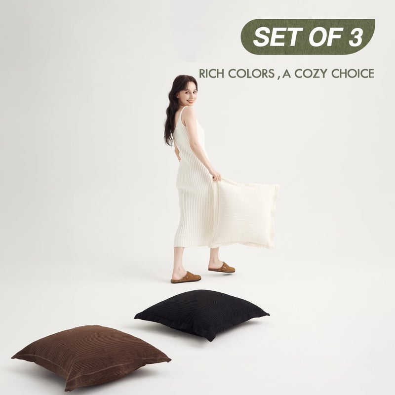 COCO TOP COCO TOP Classic Vintage Decorative Corduroy Large Throw Pillow Covers 24x24inch  Set of 3 Striped Big Pillow Cases for Sofa Couch Bedroom Living Room Soft Cushions(Dark Brown  Black & White) - Image 2