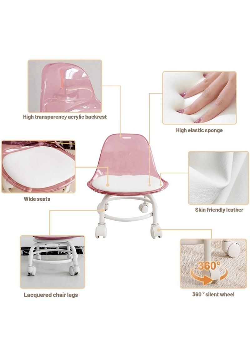 LINGWEI Low Height Rolling Stool with Backrest and 360° Wheels Pink 29x32x28cm - Image 5