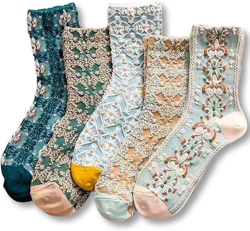 MarJunSep Cute Floral Crew Socks for Women Teen Girls Flower Cottagecore Frilly Vintage Fancy Cotton Socks Blue Flower Palace Socks - Image 1