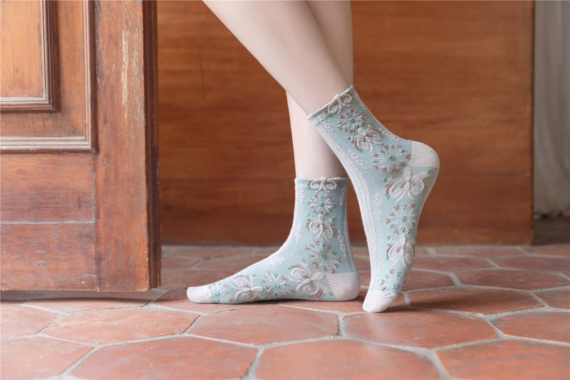 MarJunSep Cute Floral Crew Socks for Women Teen Girls Flower Cottagecore Frilly Vintage Fancy Cotton Socks Blue Flower Palace Socks - Image 2