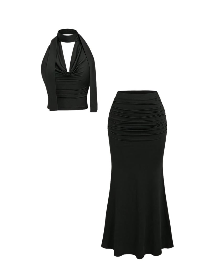 Elegant Oriented Women's Vintage Pleated Collar Backless Tank Top and A-Line Hem Skirt 2pcs Set, Women's 2pcs Skirt Set - Image 1