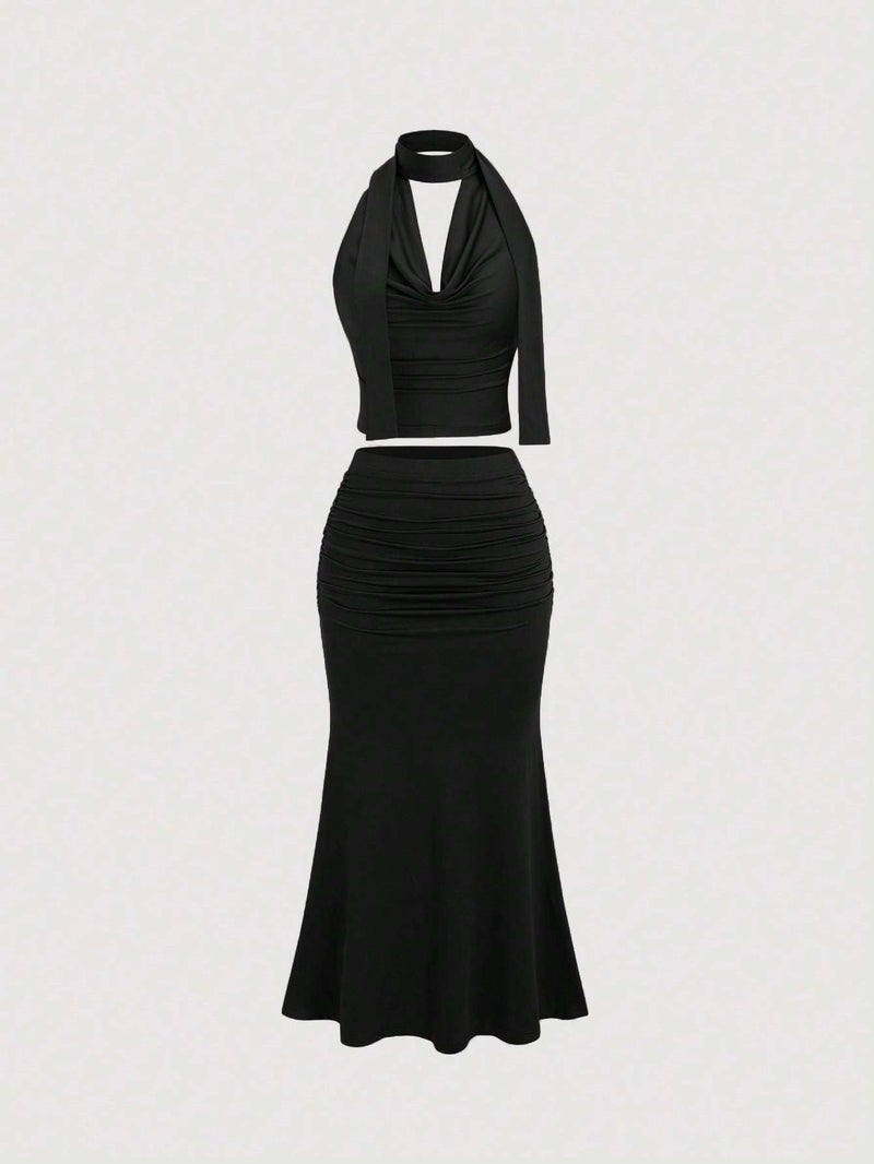Elegant Oriented Women's Vintage Pleated Collar Backless Tank Top and A-Line Hem Skirt 2pcs Set, Women's 2pcs Skirt Set - Image 2