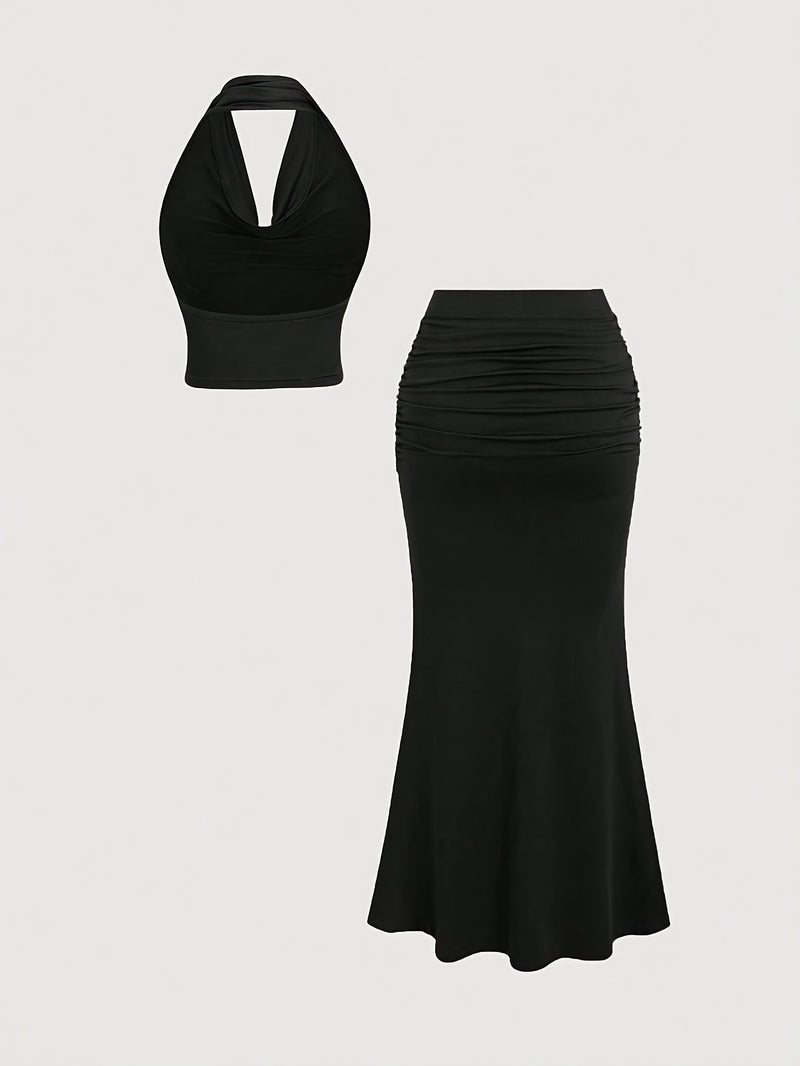 Elegant Oriented Women's Vintage Pleated Collar Backless Tank Top and A-Line Hem Skirt 2pcs Set, Women's 2pcs Skirt Set - Image 3
