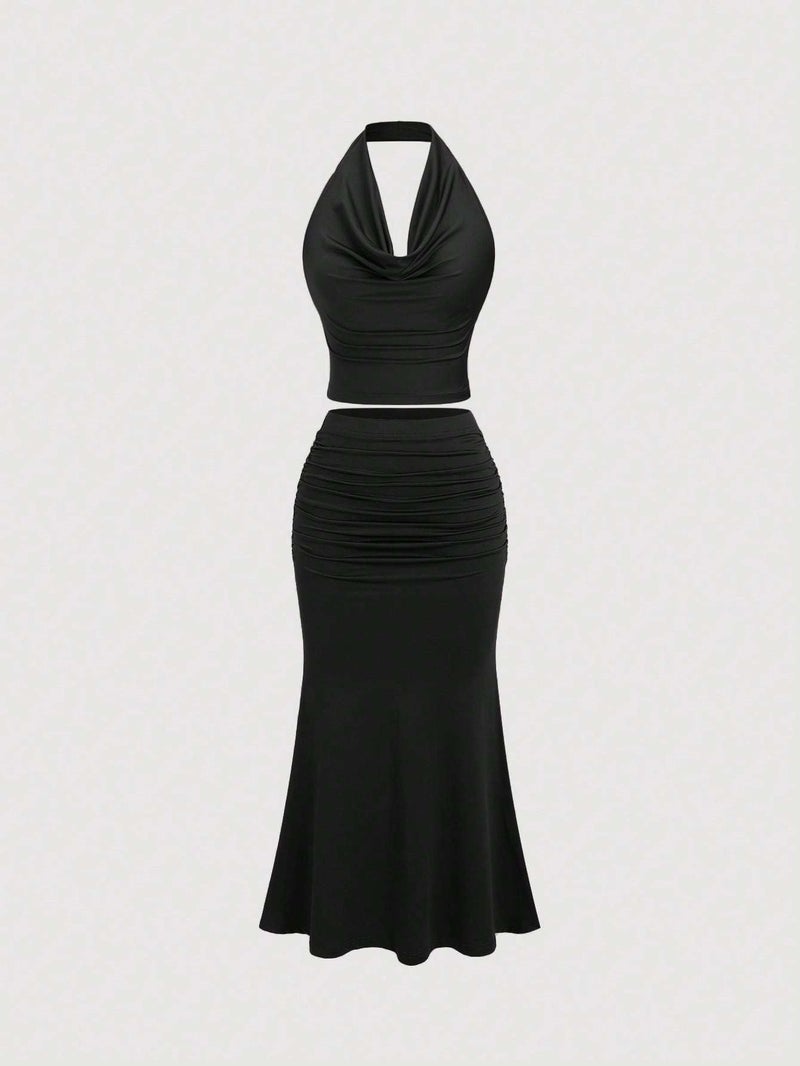 Elegant Oriented Women's Vintage Pleated Collar Backless Tank Top and A-Line Hem Skirt 2pcs Set, Women's 2pcs Skirt Set - Image 4