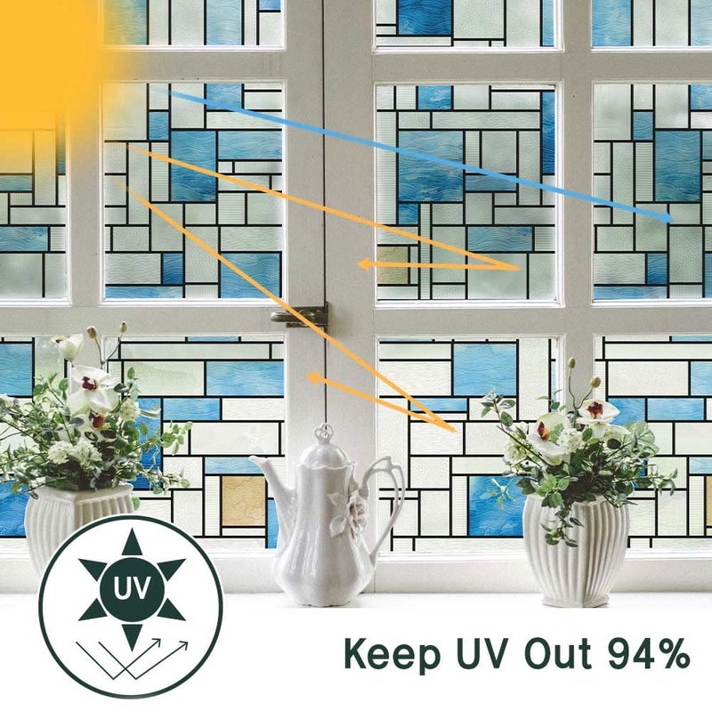 BEAUS TILE UNI Window Film Static Clings Non Adhesive 3D Stained Glass Window Decals UV Protection (Blue Beach, 37.4 x 24.4 Inch) - Image 2