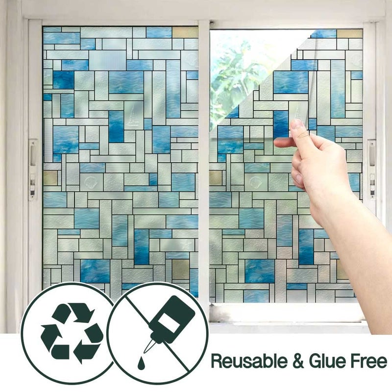 BEAUS TILE UNI Window Film Static Clings Non Adhesive 3D Stained Glass Window Decals UV Protection (Blue Beach, 37.4 x 24.4 Inch) - Image 4