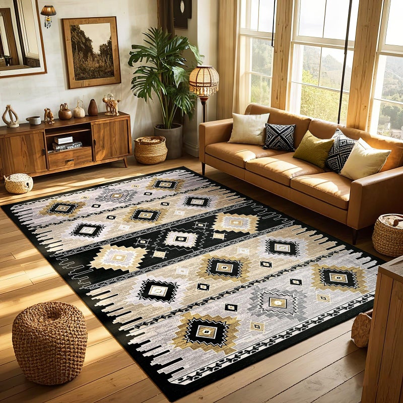 B BENRON Western Rugs for Living Room, Non Slip Area Rugs for Bedroom Dining Table Kitchen, Washable Aesthetic Boho Rug for Home Decor, 5ft x 7ft, Black, Brown, Cream - Image 1