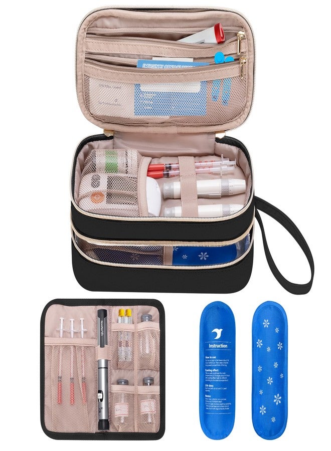 Yarwo Insulin Cooler Travel Case with 2 Ice Packs, Double-Layer Diabetic Insulated Organizer, Portable Medication Bag for Insulin Pens, Glucometer and Diabetes Care Kits, Black (Patented Design) - Image 1