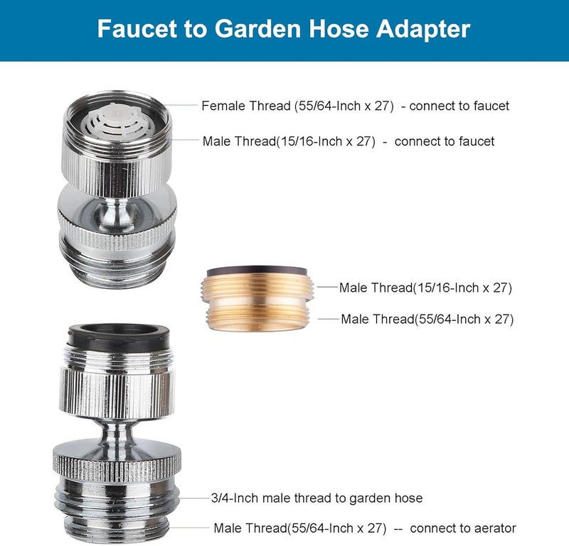 Hibbent Faucet Adapter Kit, Swivel Aerator Adapter to Connect Garden Hose - Multi-Thread Kitchen Sink Faucet to Garden Hose Adapter 3/4 Inch - Chrome Finished - Image 2