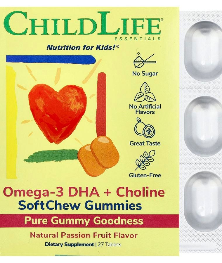 Essentials Omega-3 DHA + Choline SoftChew Gummies Passion Fruit 27 Tablets