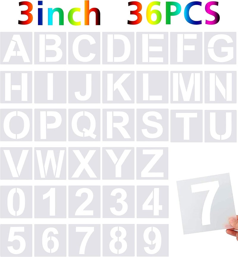 FEBSNOW 36 Piece Large Alphabet & Number Stencils - Reusable Letter Stencils for Painting on Wood, Wall, Fabric, Rock, Chalkboard & Glass (3 Inches) - Image 1